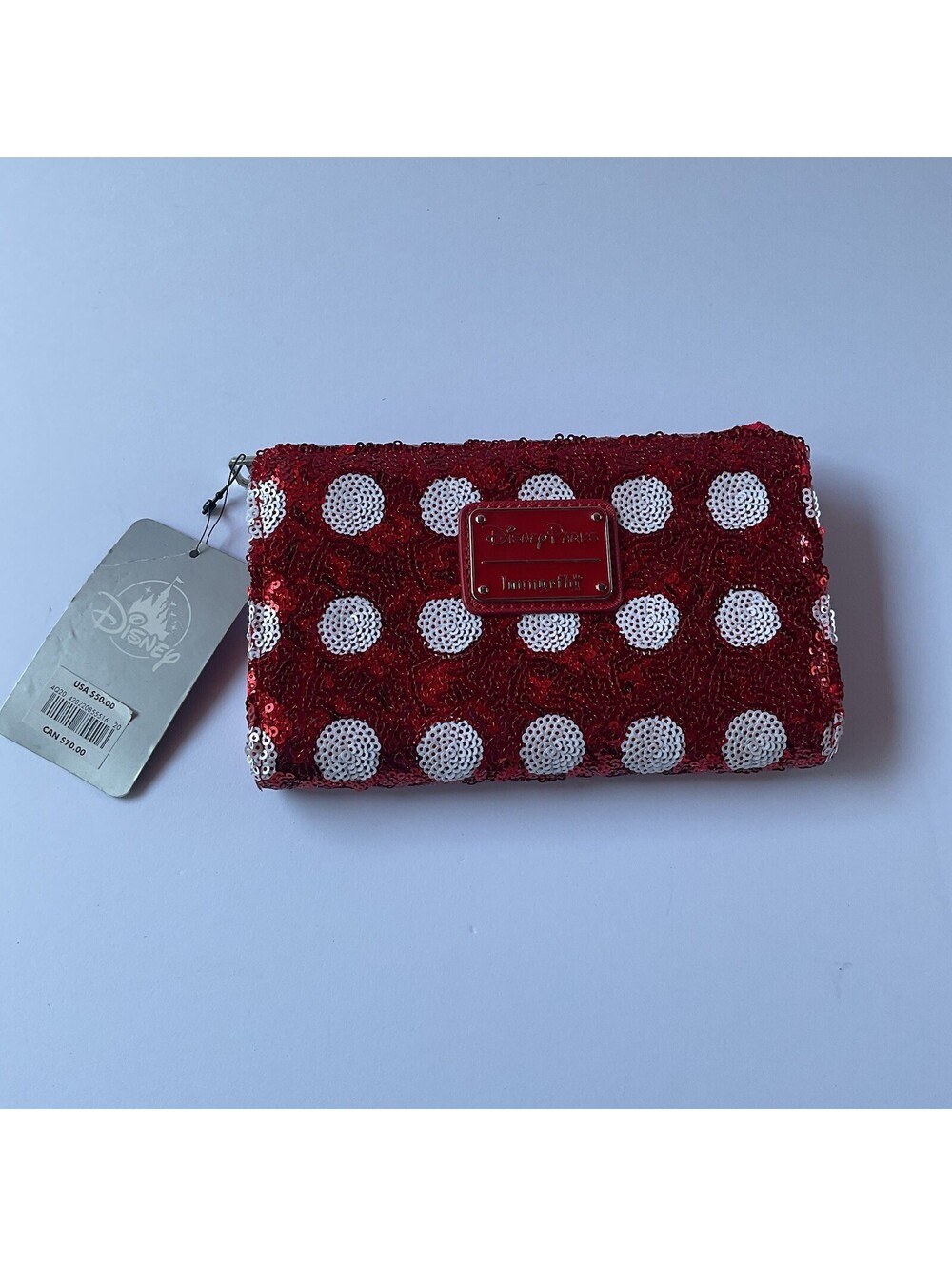 Disney Parks Loungefly Minnie Mouse Red Polka Dot Wallet Sequin Bow Bag NEW